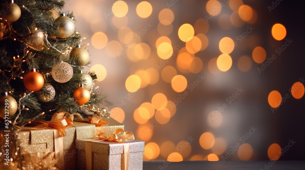 Christmas Concept - Gift Boxes with Bow Ties on a table. Blurred bokeh lights with space for text. Ideal as Christmas background for banners. Decoration for Xmas.