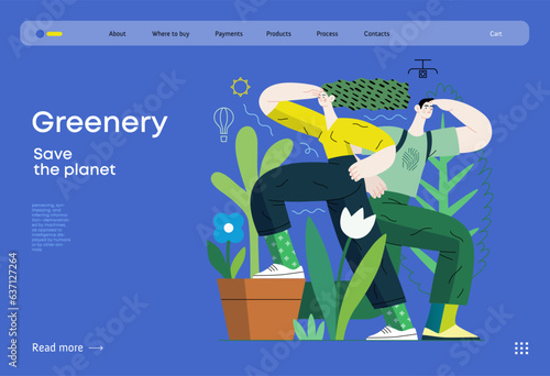Greenery, ecology -modern flat vector concept illustration of observing people surrounded by plants. Metaphor of environmental sustainability and protection, closeness to nature