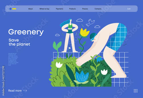 Greenery, ecology -modern flat vector concept illustration of people around the swimming pool of plants and flowers. Metaphor of environmental sustainability and protection, closeness to nature