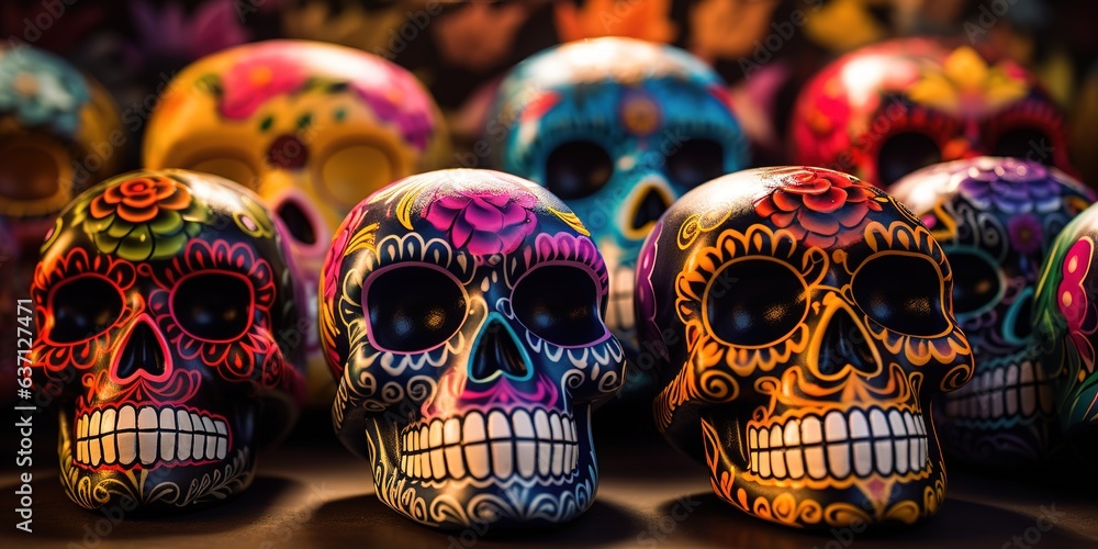 Fototapeta premium Sugar Skull (Calavera) to celebrate Mexico's Day of the Dead (Dia de Los Muertos). Hispanic heritage sugar skull marigold Festive