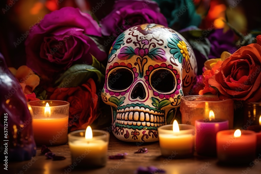 Sugar Skull (Calavera) to celebrate Mexico's Day of the Dead (Dia de Los Muertos). Hispanic heritage sugar skull marigold Festive Sugar Skull (Calavera) to celebrate Mexico's Day of the Dead (Dia de Los Muertos). Hispanic heritage sugar skull marigold Festive