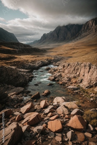 Photo of a scenic river flowing through a rugged valley under a dramatic cloudy sky