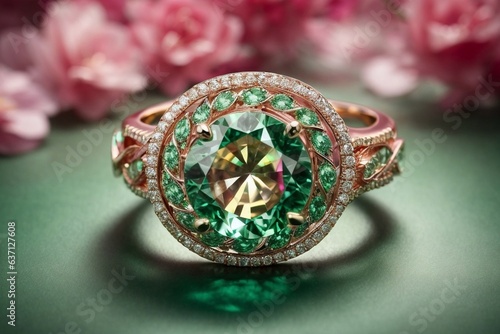 Photo of a beautiful floral ring with a vibrant green center and delicate pink flowers