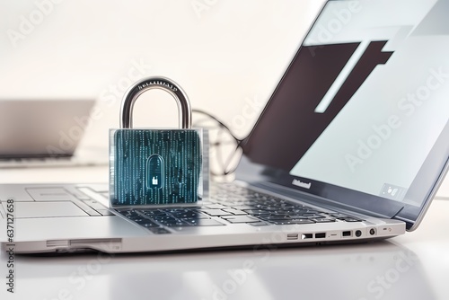 Photo of a laptop computer secured with a padlock for extra privacy and protection