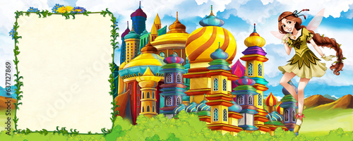 Cartoon nature scene with beautiful castle near the forest with frame for tex...