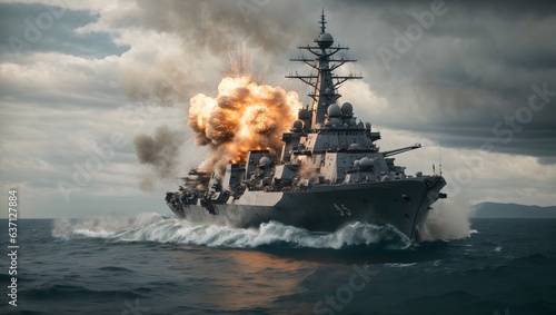 Foto Photo of a massive battleship engulfed in billowing smoke