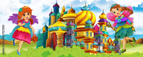 Cartoon nature scene with beautiful castle near the forest - illustration for...