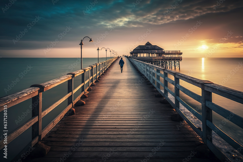 Golden Hour on the Sea: Rustic Pier in the Evening Glow, Embracing Nature's Beauty
