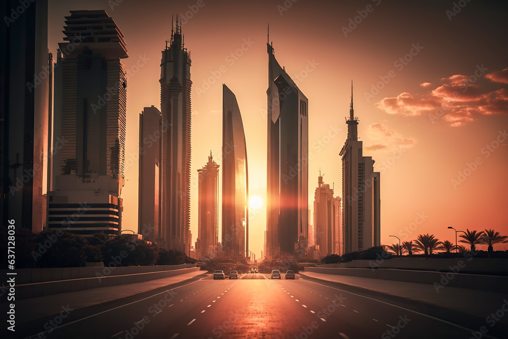 Twilight Majesty: Breathtaking Skyscrapers Illuminate the Urban Landscape in the Evening Glow, ai generative