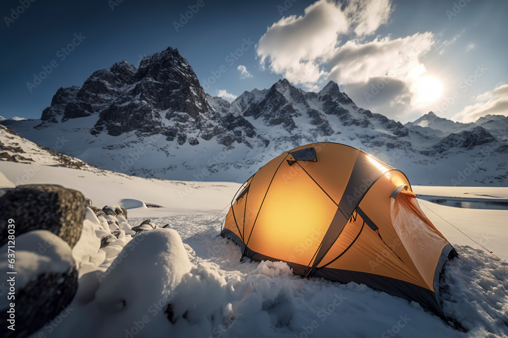 Winter Camping Expedition: Cozy Tent Settled in the Majestic Snowy Mountains, ai generative