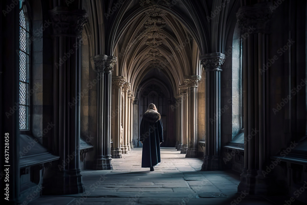 Cathedral Serenity: Departing Woman in Coat Finds Peace in Historic Cloistered Ambianc, ai generative