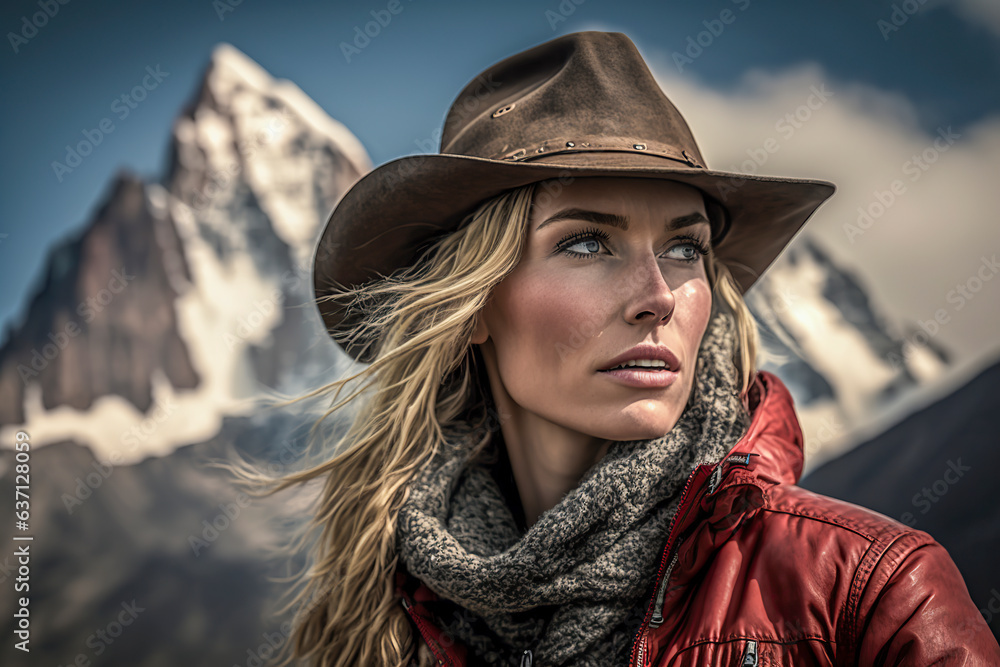 Mountain Majesty: Serene Woman in Alpine Attire Enjoys Panoramic Views in the Himalayas, ai generative Mountain Majesty: Serene Woman in Alpine Attire Enjoys Panoramic Views in the Himalayas, ai generative