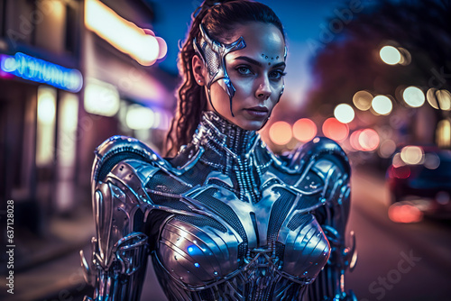 Neon Cyber Diva: Futuristic Woman Shines in Metallic Suit Amidst a Neon-Lit Street, ai generative