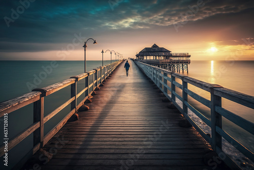 Golden Hour on the Sea: Rustic Pier in the Evening Glow, Embracing Nature's Beauty photo