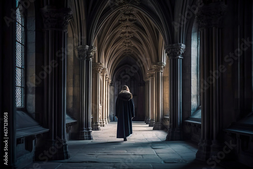 Cathedral Serenity: Departing Woman in Coat Finds Peace in Historic Cloistered Ambianc, ai generative