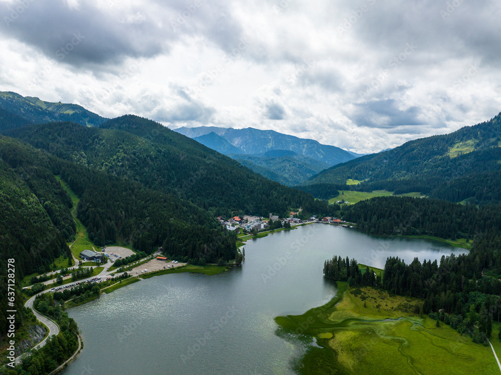 Fototapeta premium Aerial view, Spitzingsee, place Spitzingsee, Mangfall Mountains, drone recording, Upper Bavaria, Bavaria, Germany,