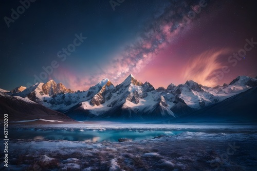 Photo of a snow-covered mountain range under a breathtaking purple sky
