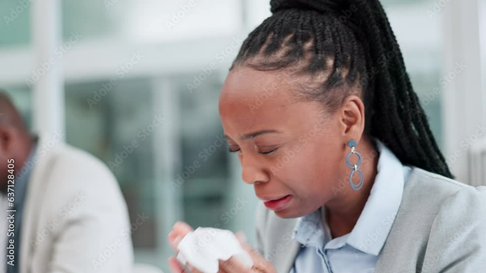 Allergies, sneeze or sick black woman in office or worker blowing nose