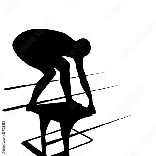 Silhouette of a swimmer crouched on a starting block, prepared to start a race
