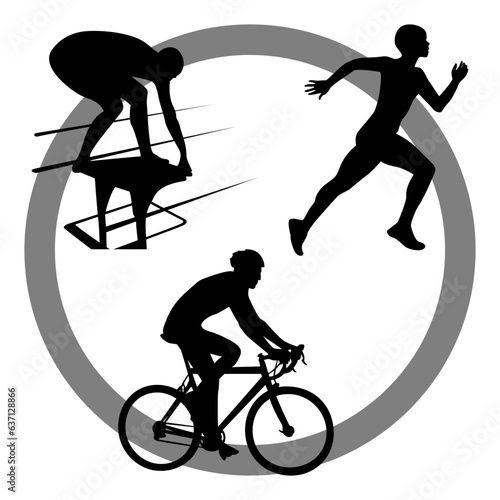 Three-icon set representing components of a triathlon: run, bike, swim