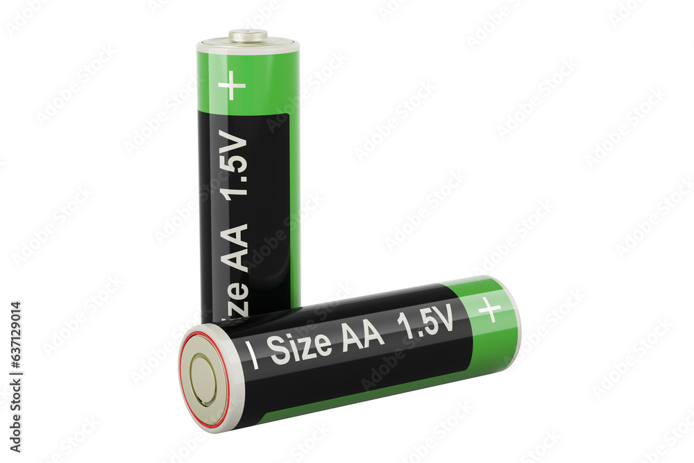 Two Batteries size AA, 3D rendering isolated on transparent background Two Batteries size AA, 3D rendering isolated on transparent background