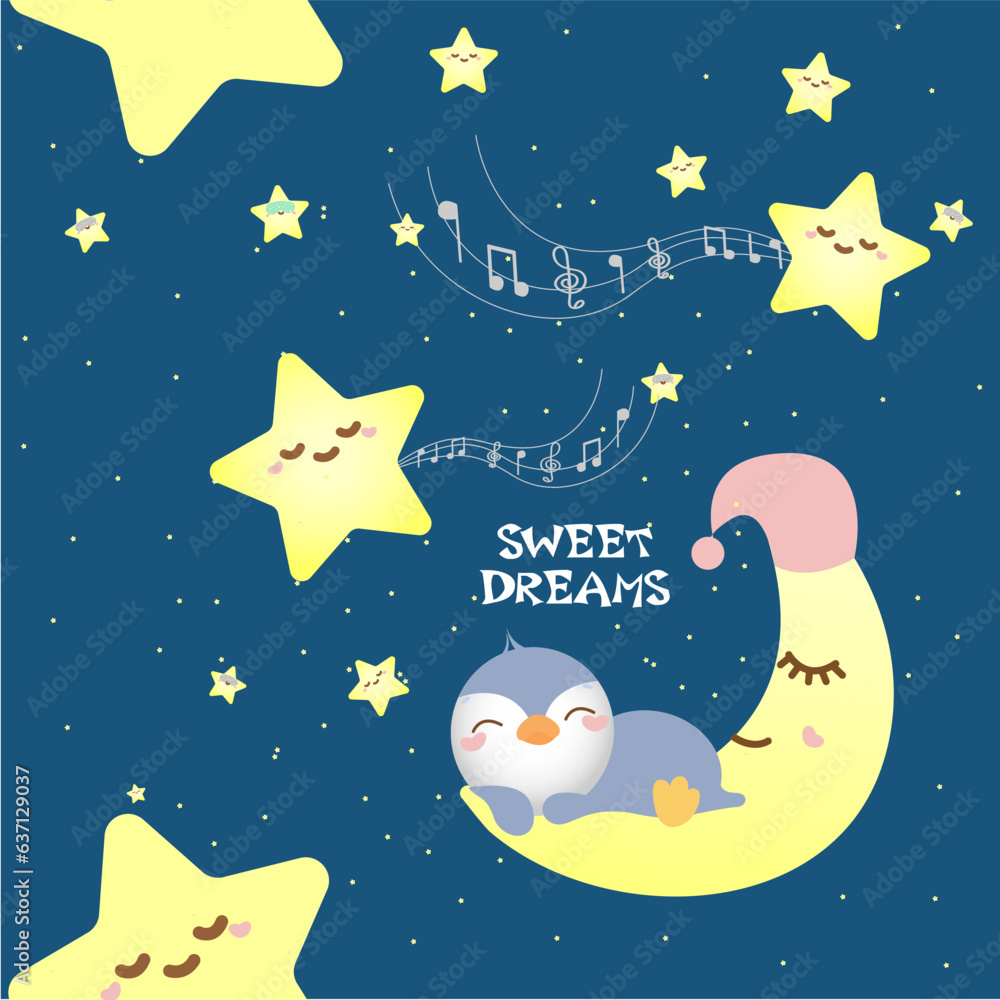 Sleeping penguin on the moon, singing stars, playing a lullaby.