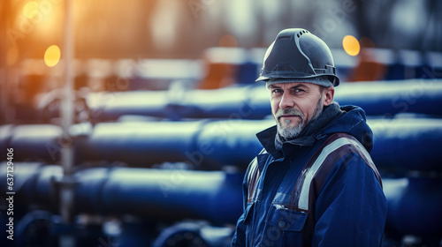 Male worker in dark blue builders jacket and hard hat helmet, blurred pipes background, cold winter atmosphere. Natural gas pipeline engineer. Digital illustration generative AI.