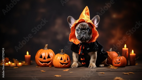 Cute french bulldog puppy wearing Halloween costume with Halloween punpkin and theme. Digital illustration generative AI. photo