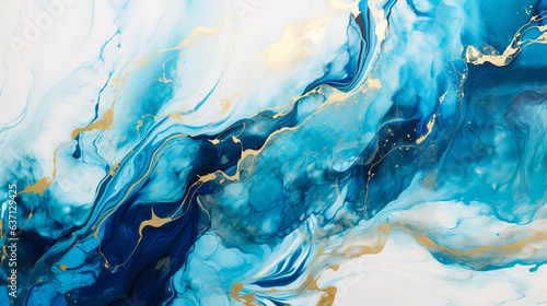 Abstract marbled ink painted painting texture luxury background banner - Blue white swirls gold Digital illustration generative AI.