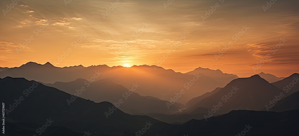a sunset silhouetted against mountain range Generative AI