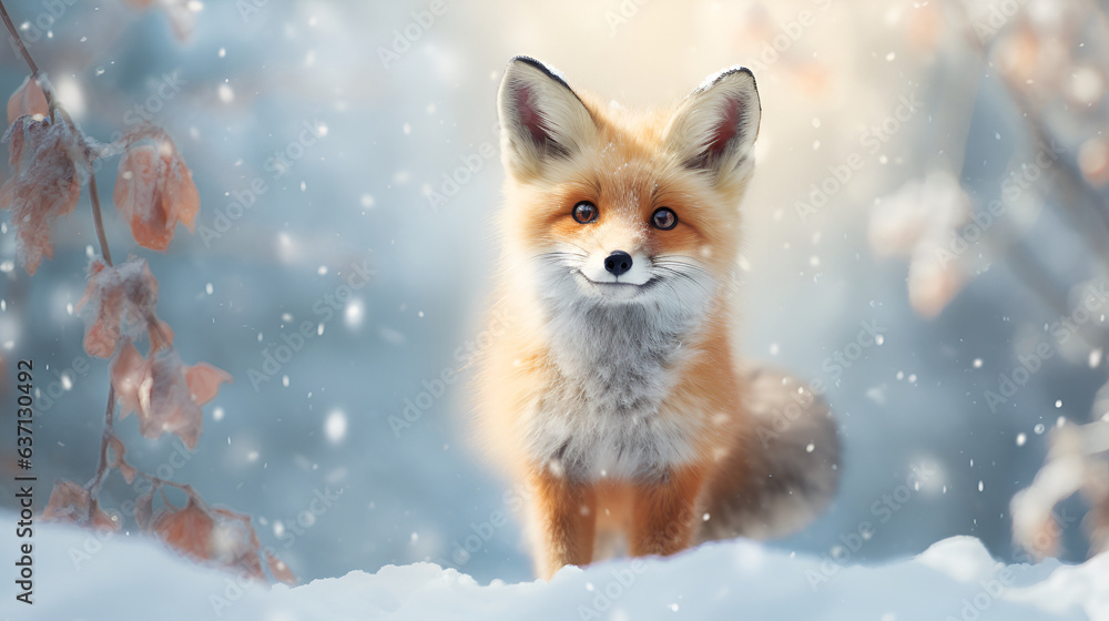 Obraz premium Red fox on a background of a snowy, winter forest and copy space. Christmas greeting card.