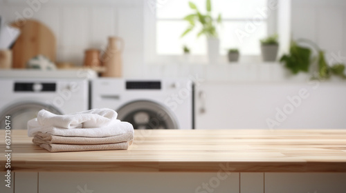 Canvastavla Empty wooden board with towels on blurred background of washing machine in home laundry