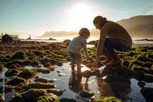 Sunny Morning Tide Pool Adventure: Parent and Child Explore by the Ocean