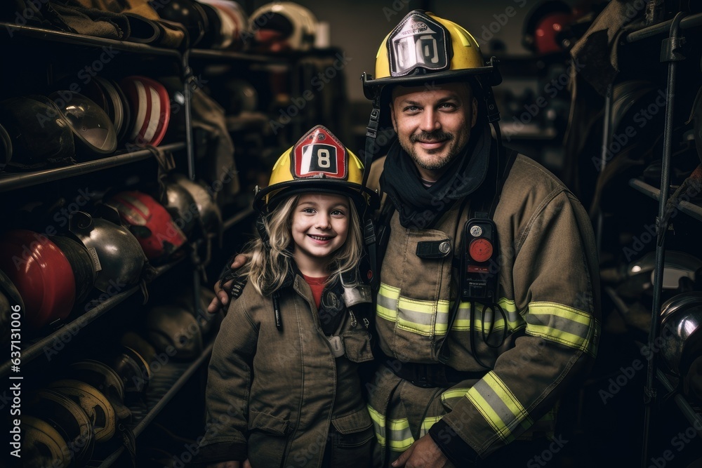 Inspiring Courage: Firefighter Parent and Child in Miniature Gear Together Inspiring Courage: Firefighter Parent and Child in Miniature Gear Together
