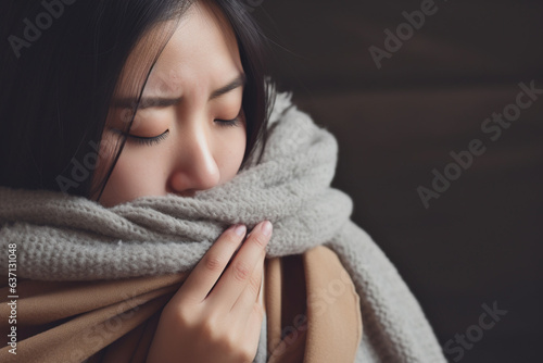Beautiful Asian Woman , feeling unwell, having runny nose and Throat Pain close up portrait. photo