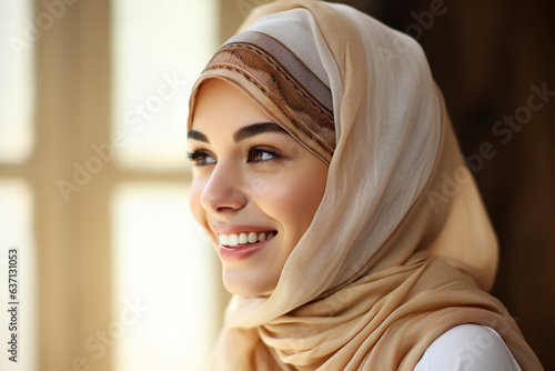 Modern, Stylish and Happy Muslim Woman Wearing a Headscarf. Beautiful woman headshot wearing a hijab © dream@do
