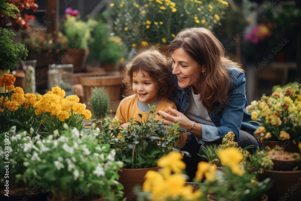 Blooming Bonds: Parent and Child Nurture Vibrant Garden of Colorful Flowers