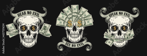 Labels with skull, cash money, 100 dollar bills, dollar sign, vintage ribbon. Creative interpretation of Three wise monkeys. Text See, hear, speak no evil. Corruption concept. Black background.