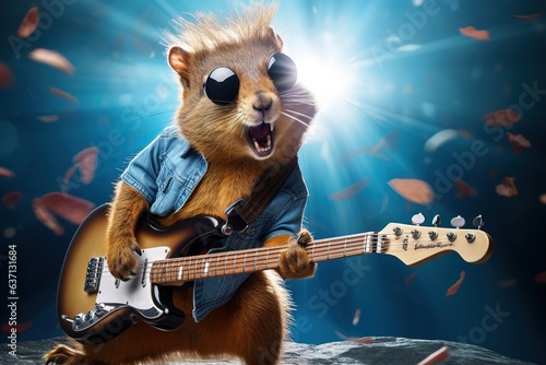 Squirrel playing guitar on blue background.