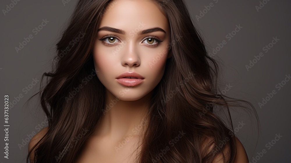 Naklejka premium Close-up portrait of a beautiful brunette model with natural makeup