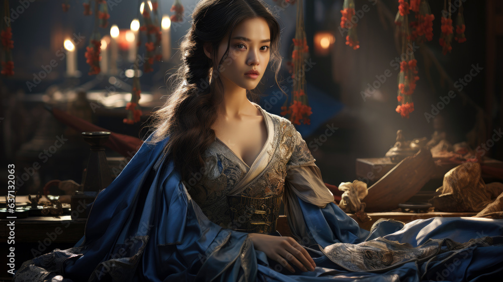 Korean Hanbok designer surrounded by rich fabrics and intricate designs, with sketches and sewing materials at hand. Korean Hanbok designer surrounded by rich fabrics and intricate designs, with sketches and sewing materials at hand.