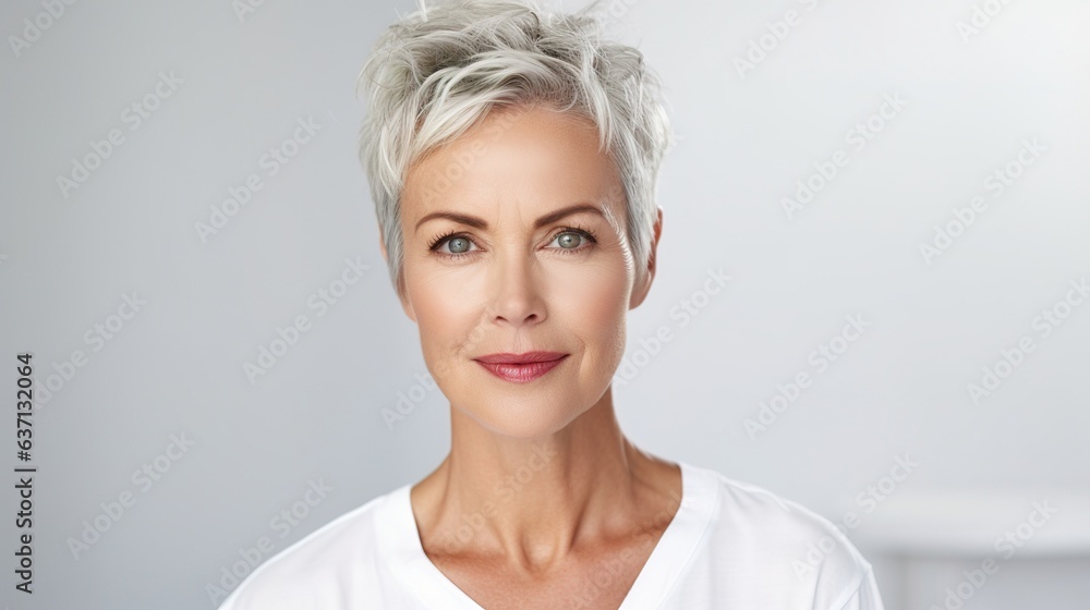 Close-up beautiful senior woman with glowing face on white background and smiles. Skincare concep Close-up beautiful senior woman with glowing face on white background and smiles. Skincare concep