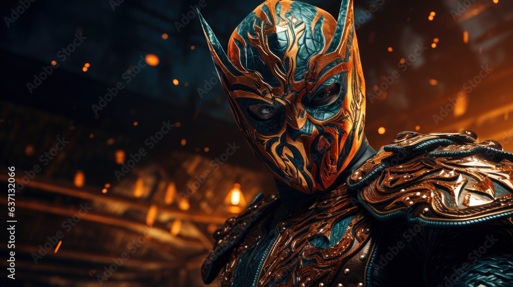 Masked Luchador wrestler in vibrant costume, striking a dynamic pose