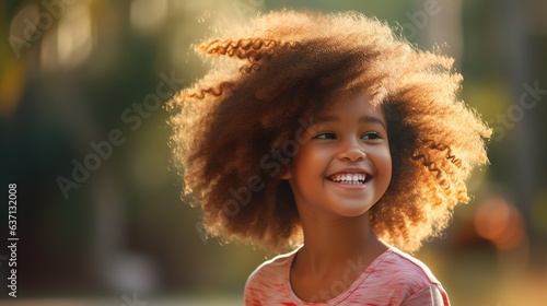 Black woman with a joyful smile and a voluminous afro radiates beauty in a portrait shot outdoors
