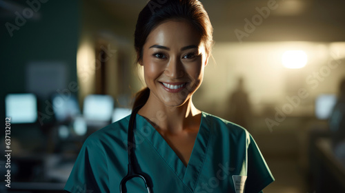 Filipino nurse in scrubs, providing attentive care to a patient, exuding warmth and professionalism.