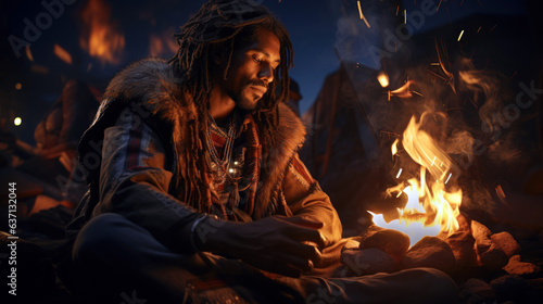 Indigenous Australian storyteller seated by a campfire, captivating an audience under a star-filled sky.