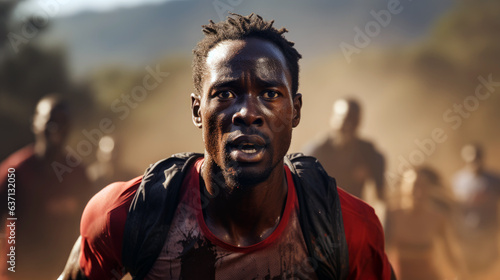 Kenyan marathon runner, sweaty and determined, crossing the finish line with African plains in the background.