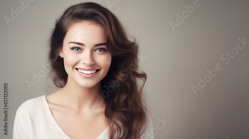 Close-up of a woman with smooth, healthy skin and a smile on a light grey background. Skincare concept