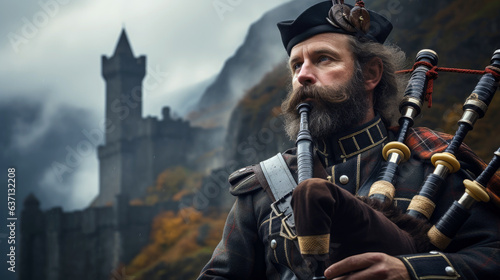 Photo Scottish bagpiper in full Highland dress, playing the bagpipes under a cloudy sky, with a castle in the backdrop