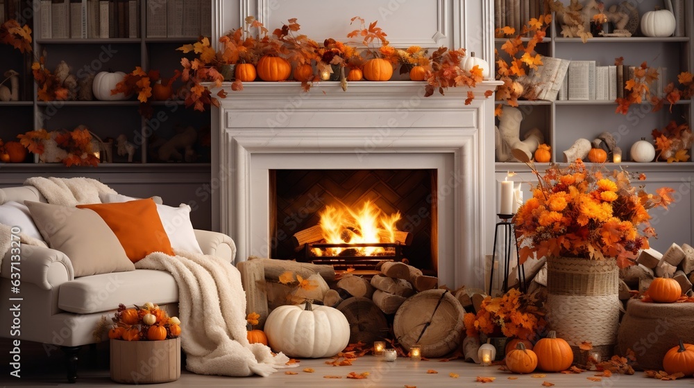 cozy Fireplace with fall decoration. - obrazy, fototapety, plakaty 